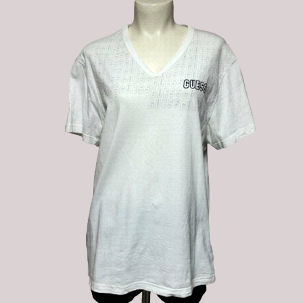 GUESS White V Neck T-Shirt With Logo Size Large